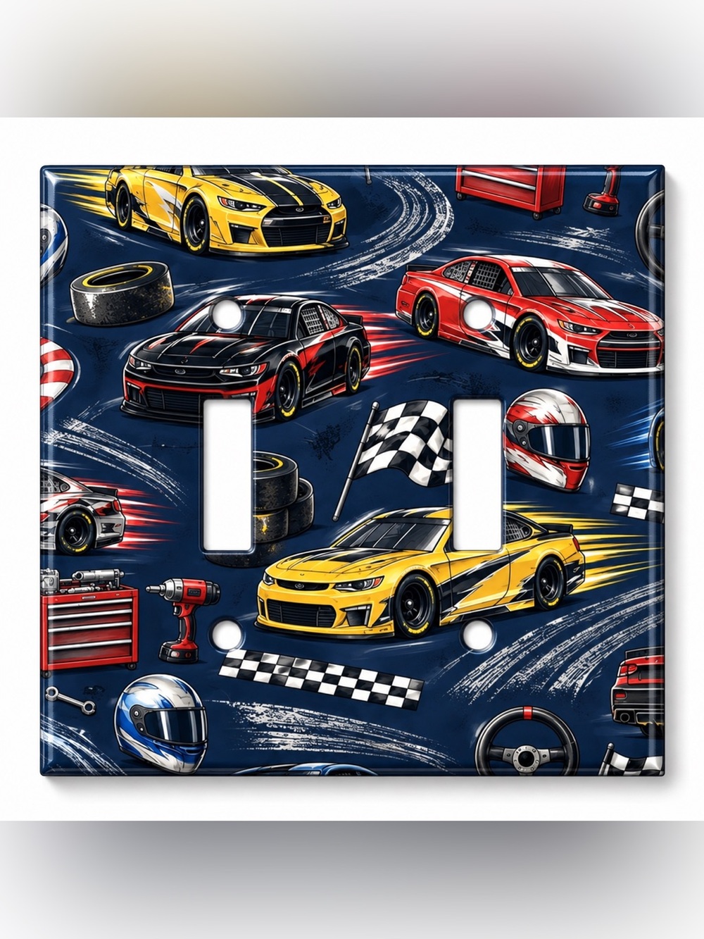 Race Car Double Light Switch Cover Boys Kids Room Racing Checkered Flag Decor